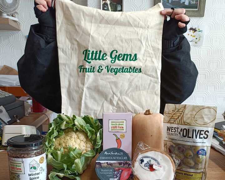 Example of products and tote bag from Store front of Little Gems fruit and vegetables in Seaton